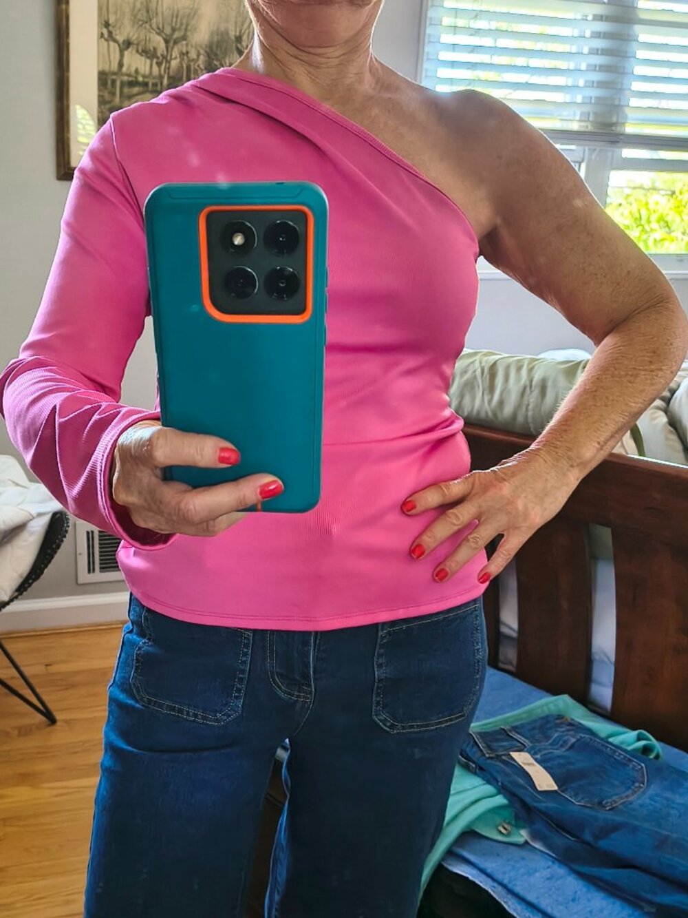 Fun hot pink one sleeved women's top size medium
